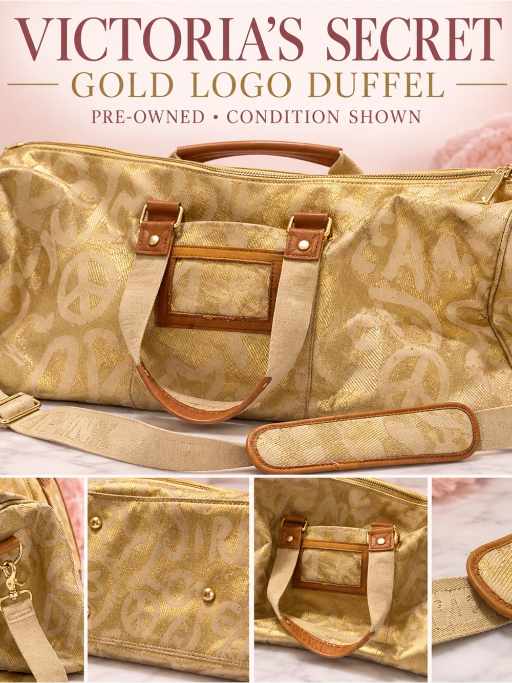 Victoria’s Secret Gold Logo Duffel Bag with Detachable Shoulder Strap